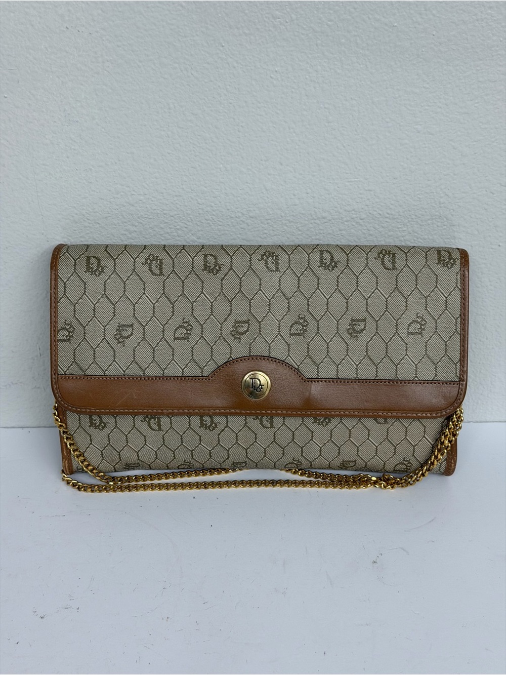 Vintage Christian Dior Trotter Honeycomb Canvas/Leather Chain Shoulder Bag